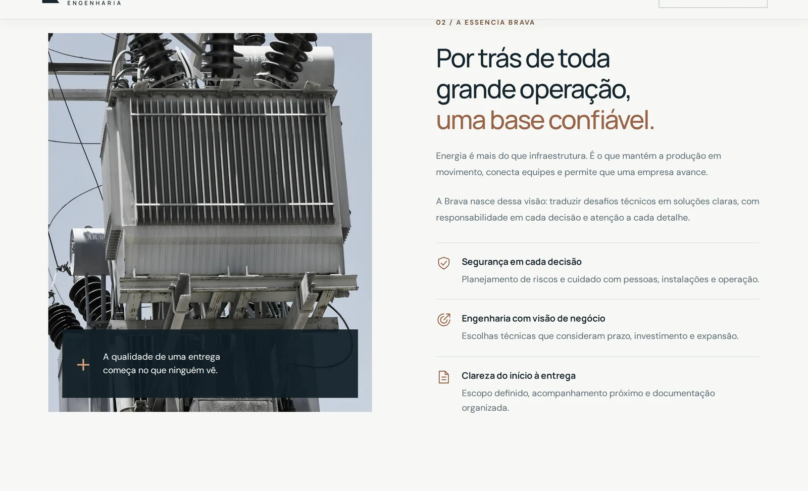 Seção “A essência Brava” com fotografia vertical e princípios da marca