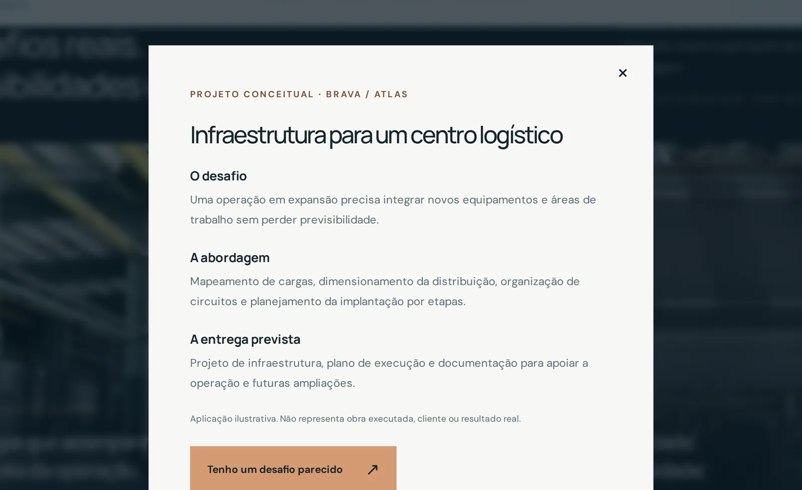 Detalhe de projeto conceitual aberto em modal, com desafio, abordagem e entrega prevista
